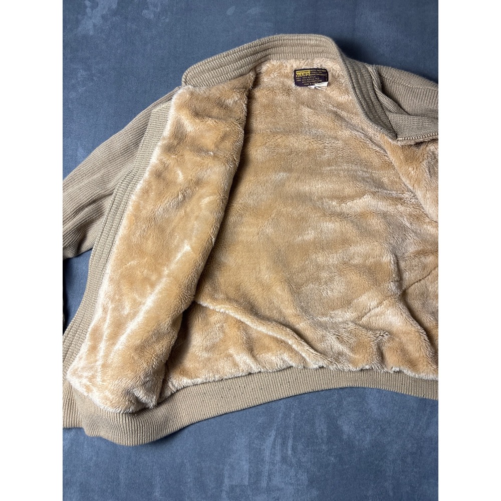VTG Faux Fur Lined Zip Up Cardigan Sweater Tan Mens Large